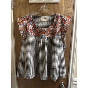 Savanna Jane Gingham Black White Check Plaid Multicolor Embroidered Top 2X NWOT